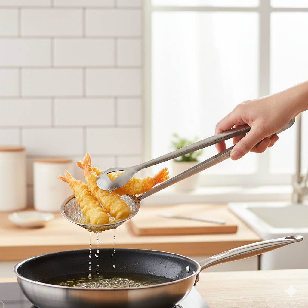 2-in-1 Frying Spoon & Strainer — Stainless-Steel Quick-Strain Tongs